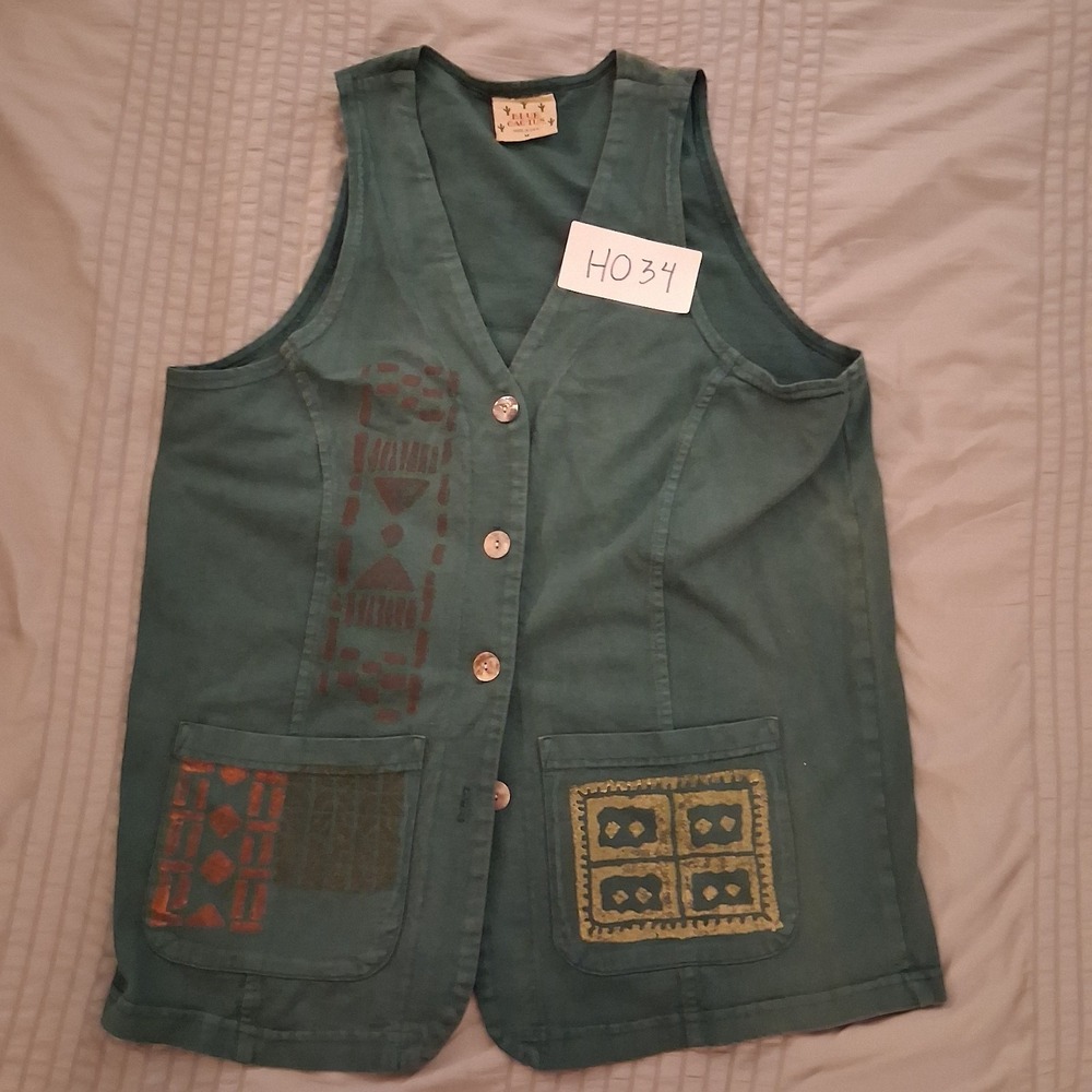 Vintage Blue Cactus Southwestern Vest Womens Green Size M Tribal USA Made Boho